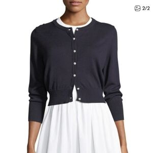 Karl Lagerfeld Women's Cardigan Ruffled Floral Lace Pearls Cropped Navy Size M